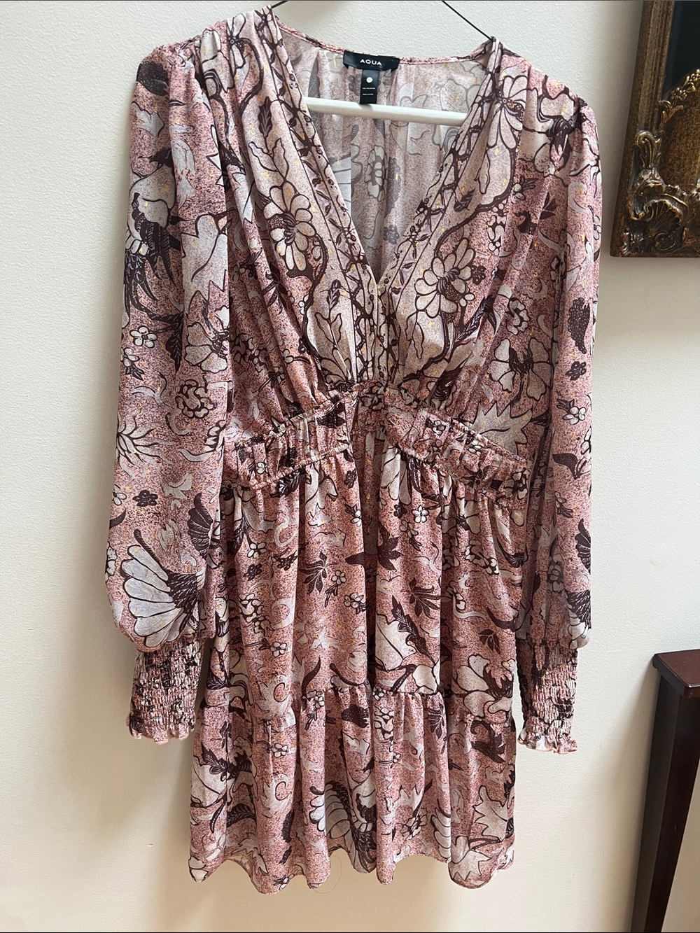 Aqua Mauve Floral Print dress with Taupe Accents M